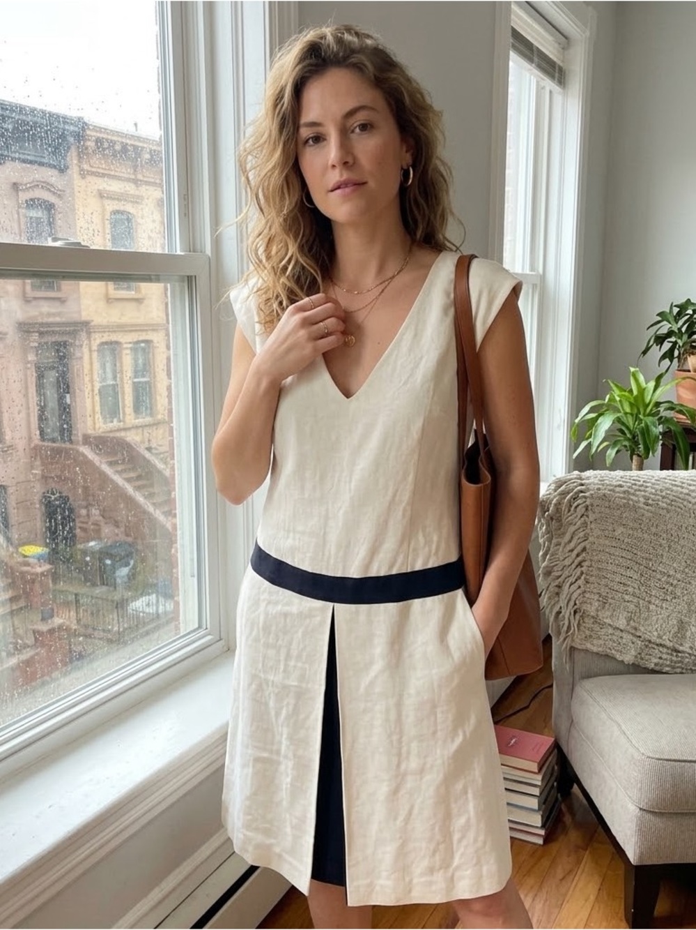 London Times Cream Midi Dress with Black Trim